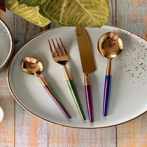 Stainless Steel Mirror Finish Cutlery Set, Color : Golden