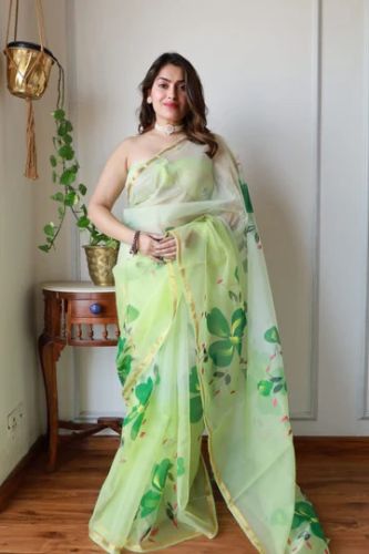 Multicolor Hand Painted Organza Silk Saree, Saree Length : 6.5 Meter