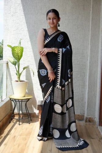 Natural Dye Ajrakh Vanspati Printed Silk Saree