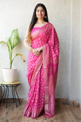 Pure Chanderi Ghicha Border Silk Saree, Saree Length : 6.5m (650 Cm)