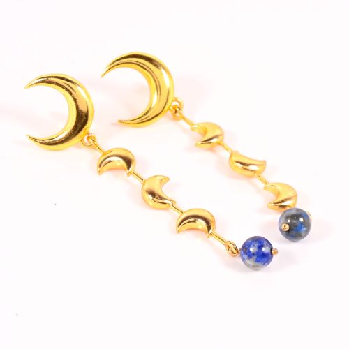 Brass Polished Crescent Moon Lapis Gemstone Dangle Earring