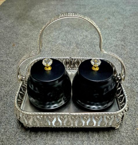 Polished Iron Metal Jar Tray Set, Color : Metallic, Silver Black