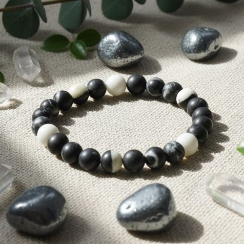 Polished Natural Black Zebra Jasper Beaded Bracelet