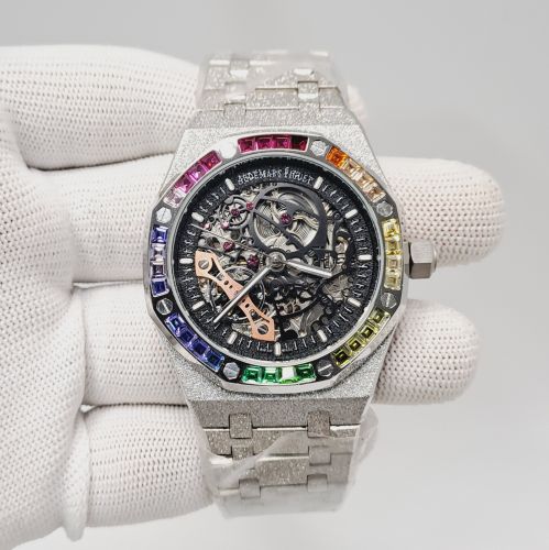 Full Silver Black Skeleton Dial Diamond Bezel Swiss Automatic Watch