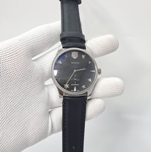 Gucci G-Timeless Black Leather Auto Back Open Black Dial Automatic Watch