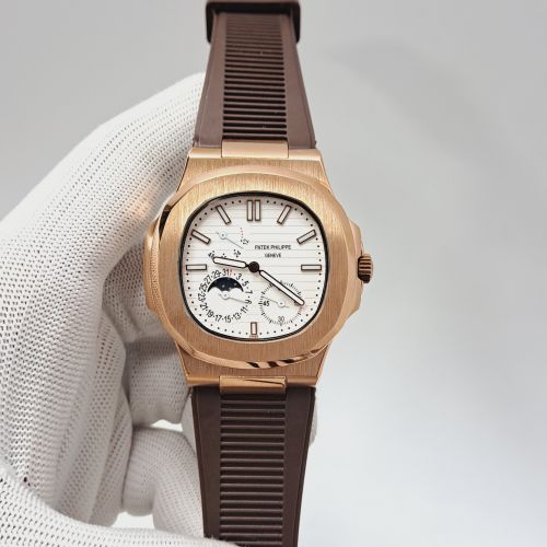 Patek Philippe Aquanaut Rose Gold White Dial Brown Rubber Strap Swiss Automatic Watch