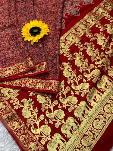 Designer Ajrakh Printed Gaji Silk Saree, Saree Length : 6.3 Meter