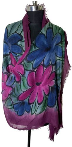 Abstract Pink Wool Hand Printed Floral Scarves, Color : Multicolor