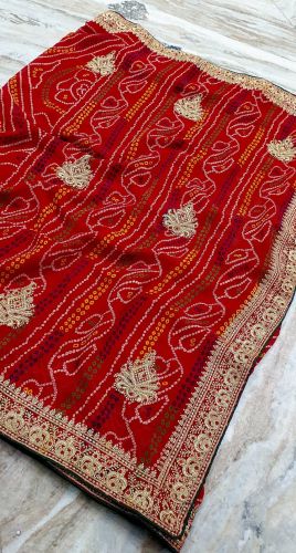 Red Heavy Embroidery Jaipuri Saree, Saree Length : 6.3 Meter