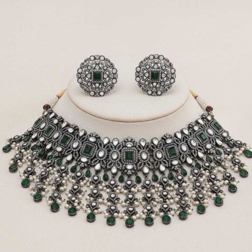 Luxury AD Full Stone Black Rhodium Polish Party Wear Necklace Set