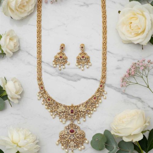 Premium Matte Gold Kemp Stone Necklace Set for Party Wear