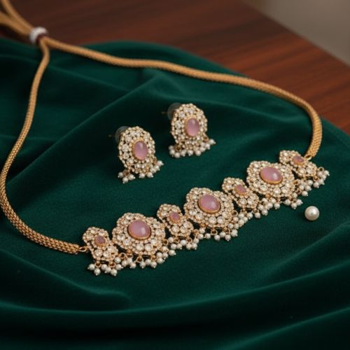 Premium Quality Kemp Jewellery Matte Gold Polish Designer Party Wear Kemp Choker Necklace Set