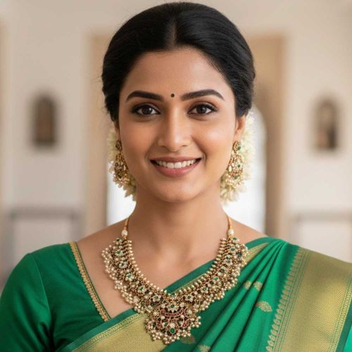 South Indian Kemp Stone Matte Gold Pearl Necklace Set for Weddings