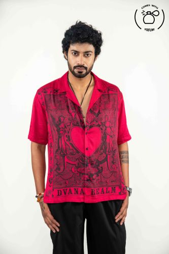 Cotton Spread Collar Printed Red Art Work Inspired Cuban Shirt
