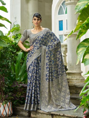 Weaving Ladies Blue Cotton Luckhanvi Sarees All Occasion