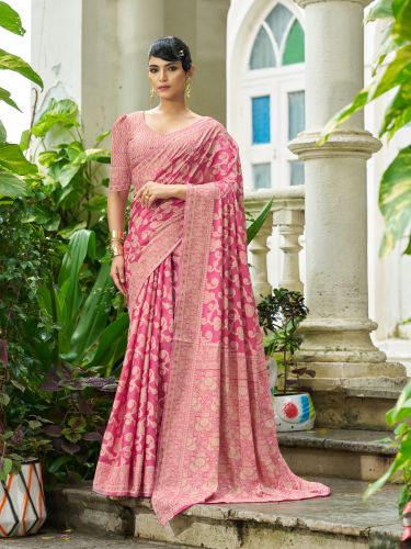 Weaving Print Unstiched Ladies Pink Cotton Luckhanvi Sarees for Easy
