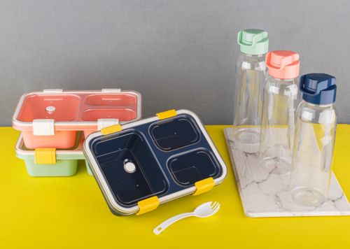 Plastic Lunch Container with Bottle, Shape : Rectangular