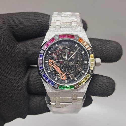 Audemars Piguet Royal Oak Full Silver Black Skeleton Dial Bezel Swiss Watch