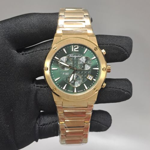 Ferragamo Classic Chronograph Full Gold Green Dial Swiss Automatic Watch