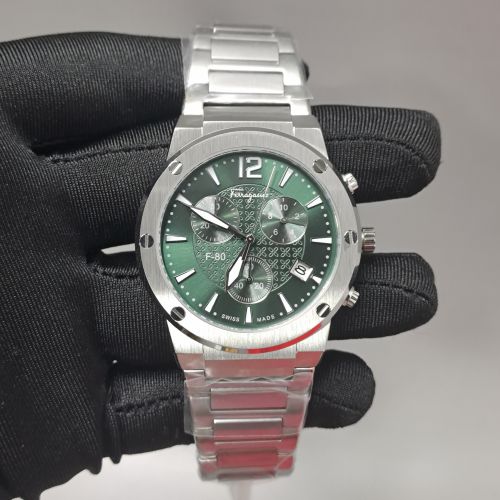 Ferragamo F-80 Classic Chronograph Silver Green Dial Swiss Automatic Watch