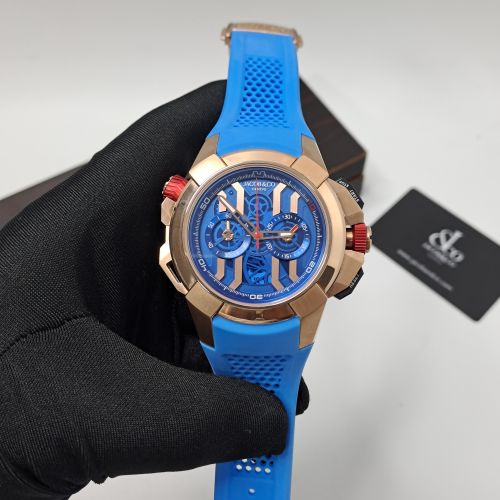 Jacob & Co Epic X Chronograph Rose Gold Blue Dial Blue Rubber Strap Swiss Automatic Watch