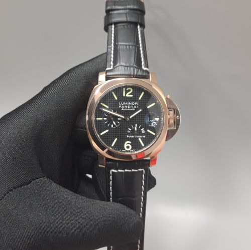 Luminor Panerai Power Resurve Rose Gold Case Black Dial Leather Strap Swiss Automatic Watch