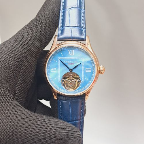 Patek Philippe Tourbillon Rose Gold Blue Dial Leather Strap Swiss Automatic Watch