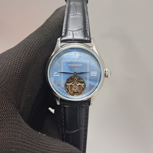 Patek Philippe Tourbillon Silver Blue Dial Leather Strap Swiss Automatic Watch
