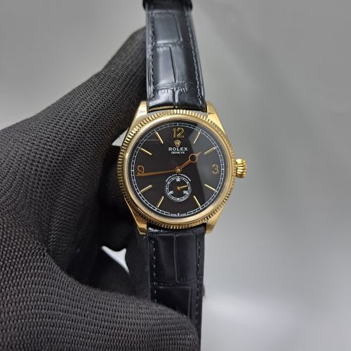 Rolex Perpetual 1908 Gold Black Dial Black Leather Strap Swiss Automatic Watch