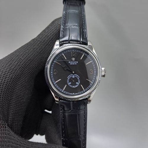Rolex Perpetual 1908 Silver Black Dial Leather Strap Swiss Automatic Watch