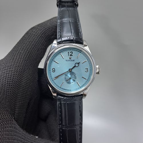 Rolex Perpetual 1908 Silver Blue Dial Black Leather Strap Swiss Automatic Watch