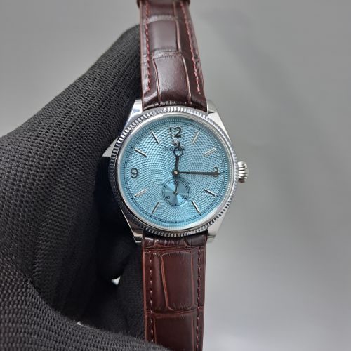 Rolex Perpetual 1908 Silver Blue Dial Brown Leather Strap Swiss Automatic Watch