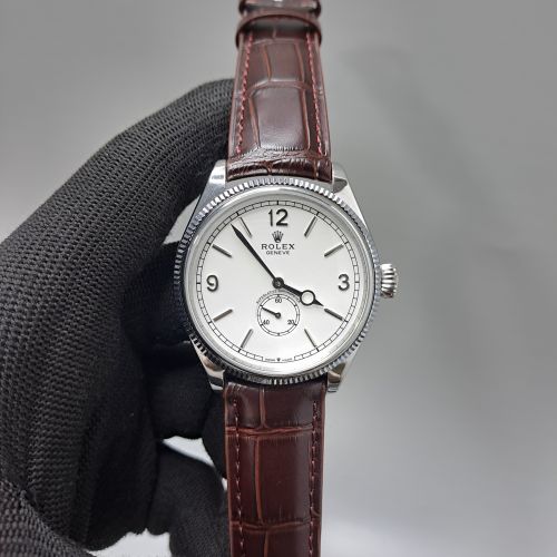 Rolex Perpetual 1908 Silver White Dial Brown Leather Strap Swiss Automatic Watch