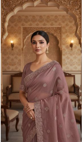 Burnished Brown Embroidery Silk Saree Party Wear