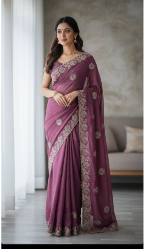 Mauve Embroidery Silk Saree, Packaging Type : Securement Plastic Bag