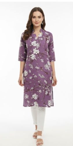 Ladies Purple Floral Printed Rayon Kurti, Fit Type : Regular Fit