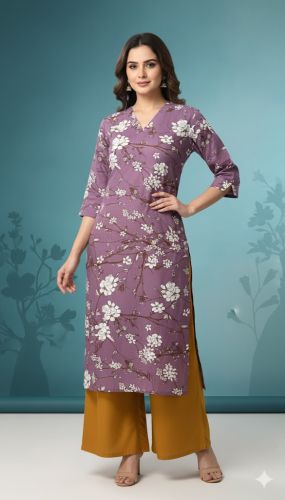Ladies Purple Printed Rayon Long Kurti, Stitch Type : Stitched