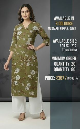 Olive Green V Neck Rayon Floral Printed Kurti