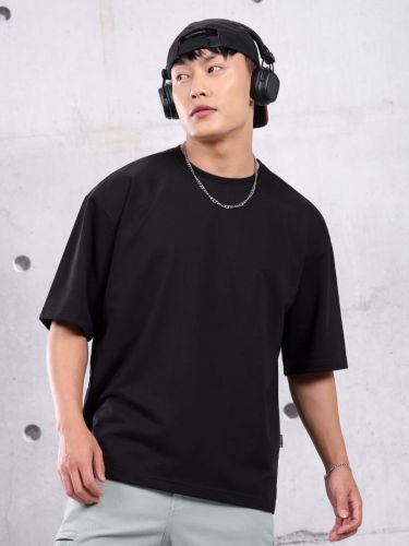 Black Oversized Cotton French Terry T-shirt, Pattern : Plain