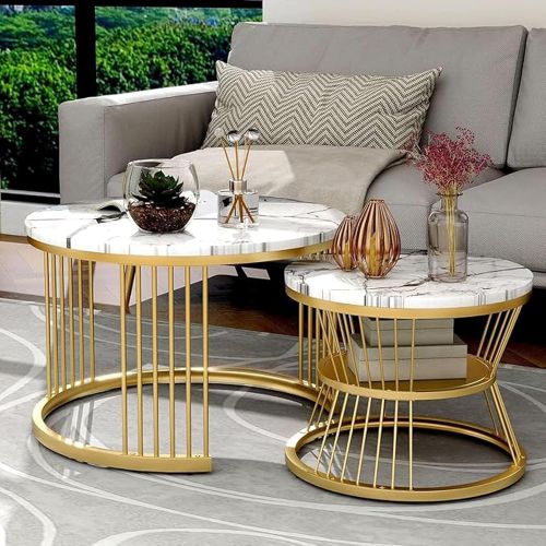 Coffee Tables Set OF 2 for Living Room and Bedroom Marble Design Wooden Top