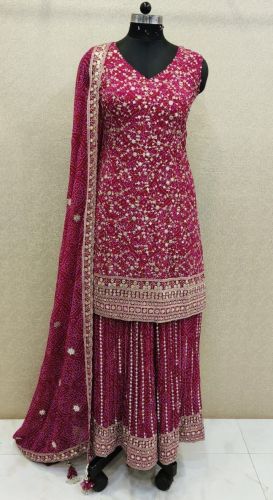 Party Wear Ladies Bandhani Suits, Color : Maroon