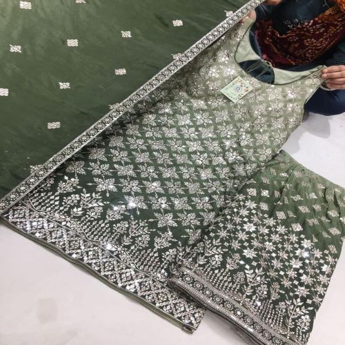 Satin Designer Ladies Embroidered Suits, Color : Green