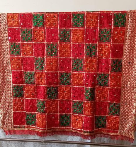 Cotton Ladies Red Mirror Embroidery Phulkari Dupatta Festive Wear