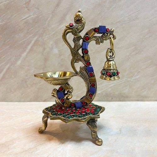 Polished Peacock Trinity Brass Diya with Bell 4 Inch - 10 Inch