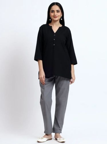 Black Grey Linen Cotton Short Kurti Pant Set