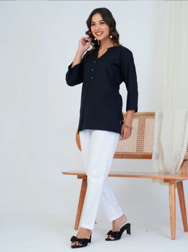 Solid Black Linen Cotton Ladies Short Kurti