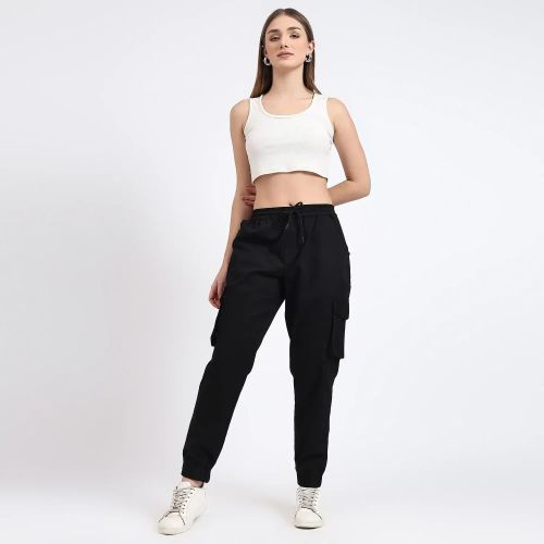 Black Women Cotton Cargo Jogger, Length : Ankle Length