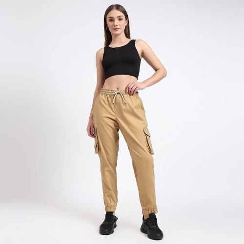 Brown Women Cotton Cargo Jogger, Length : Ankle Length