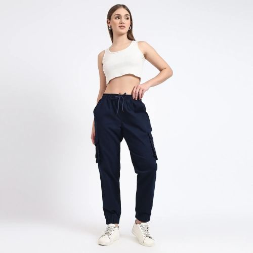 Navy Blue Women Cotton Cargo Jogger, Length : Ankle Length