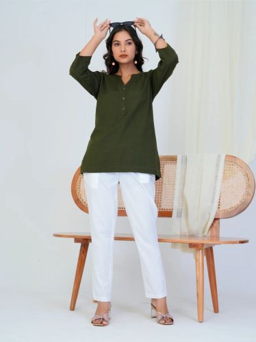Olive Green Linen Cotton Ladies Short Kurti